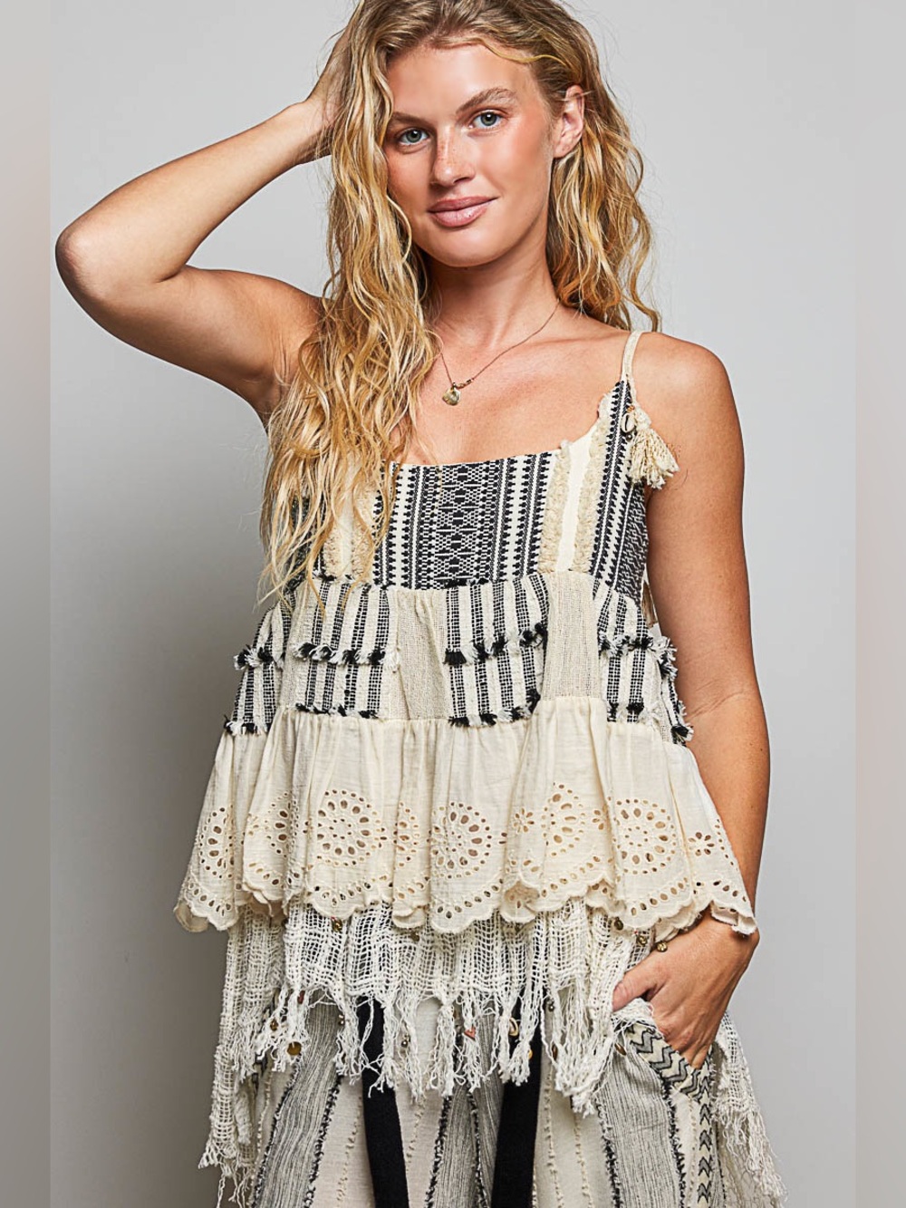 POL “ Topanga Tapestry “ Cotton Tank Top | Cream